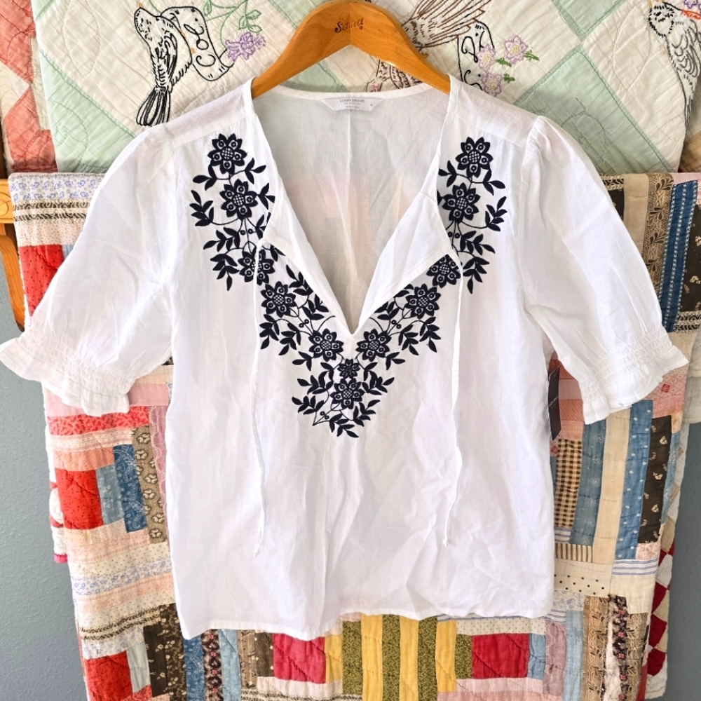 NWT Lucky Brand White Embroidered Peasant Blouse Women's M